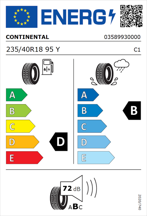 Tyre Label for Continental ContiSportContact 3 235/40R18 95Y