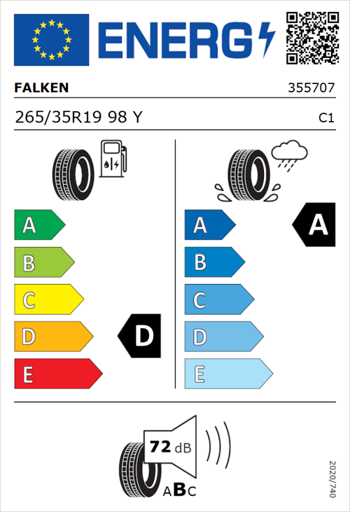 Tyre Label for Falken Azenis RS820 265/35R19 98Y