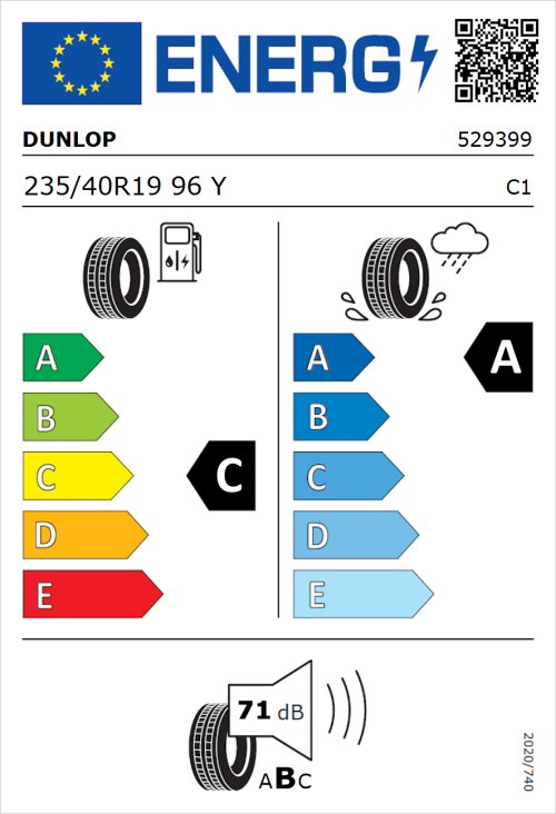 Tyre Label for Dunlop SP SportMaxx RT 235/40R19 96Y